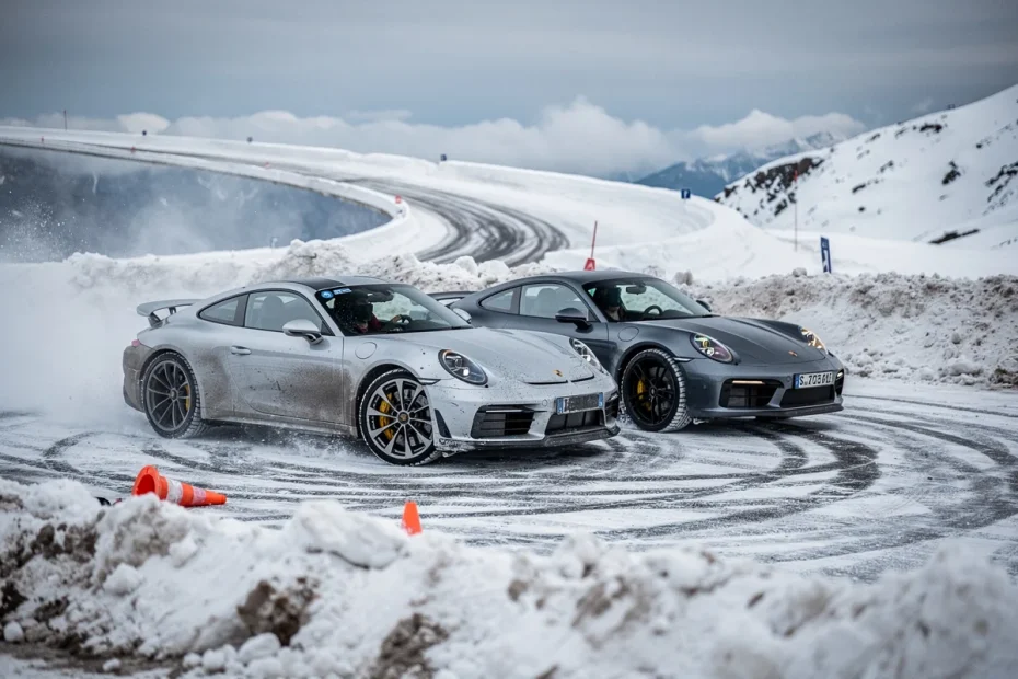 Porsche 911 Carrera 4 GTS vs Mercedes-AMG GT 63 4Matic+ sulla neve: quando il pattinaggio è ad alta velocità